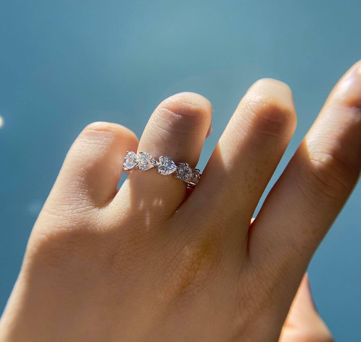 Heart Eternity Ring Moissanite Lab Grown Diamond in White Gold Vermeil