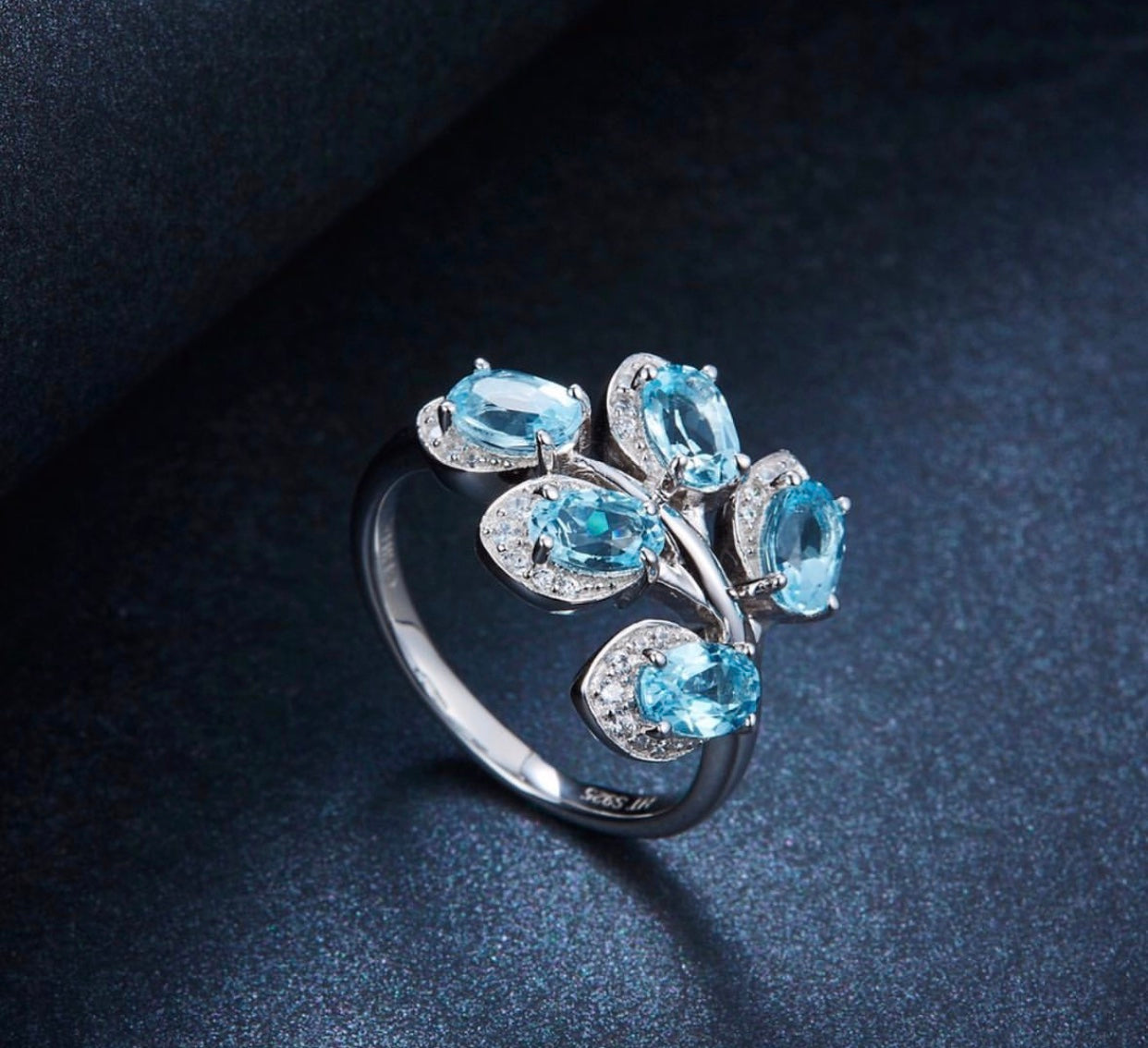 3.39ct Natural Sky Blue Topaz Leaf Ring