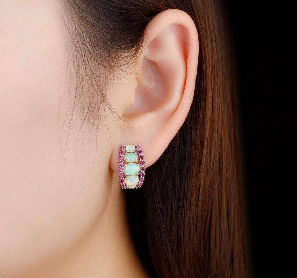 Natural Opal & Rhodolite Garnet Hoop Earrings