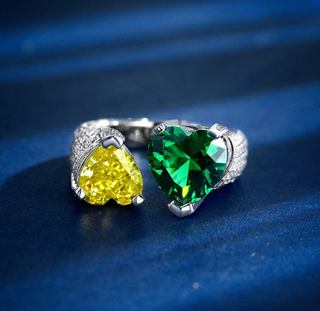 "Queenie" Ice Yellow/Green Heart Moissanite Lab Ring