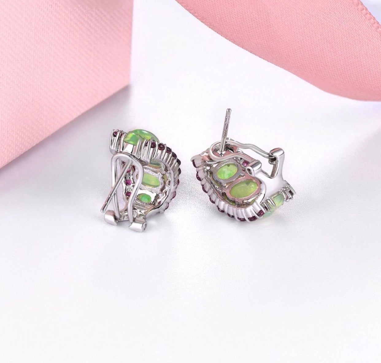 Natural Opal & Rhodolite Garnet Hoop Earrings