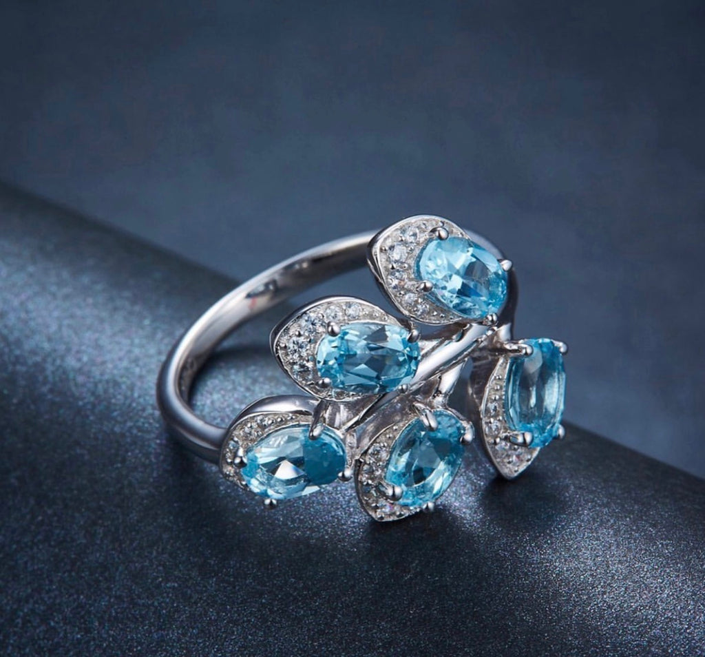 3.39ct Natural Sky Blue Topaz Leaf Ring