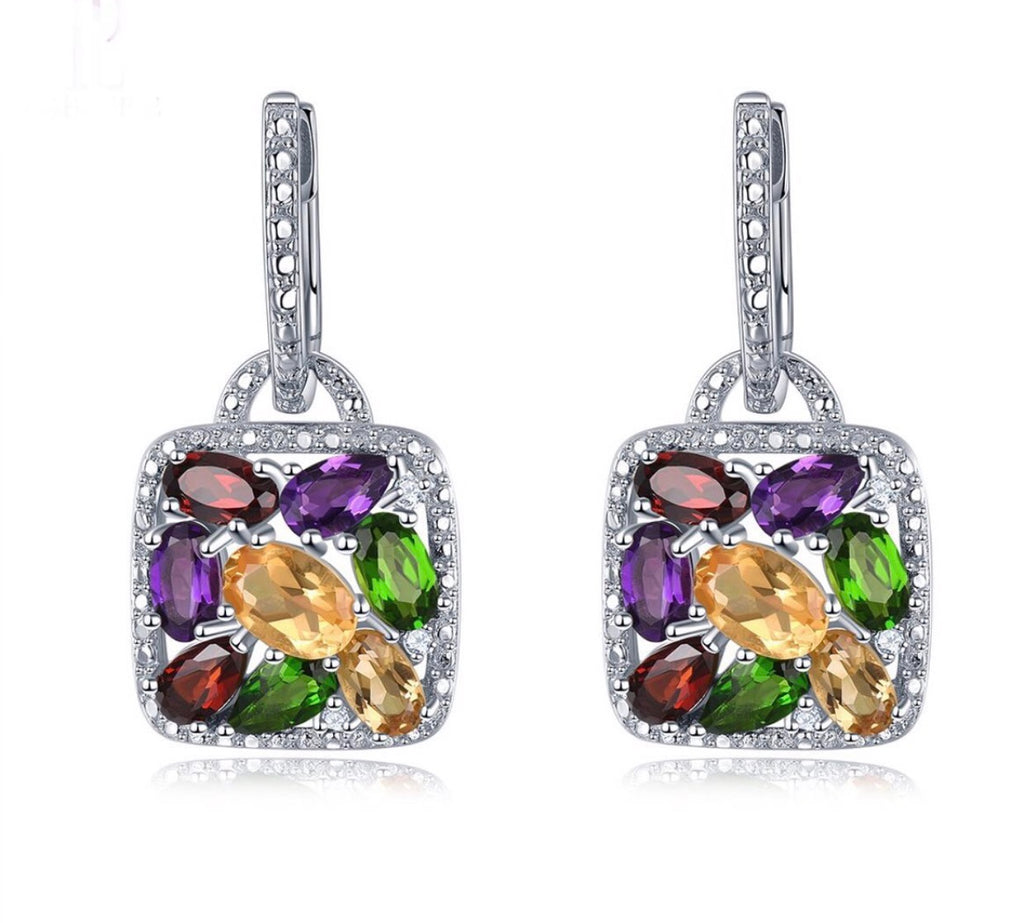 5.59ct Natural Multi color Gemstones Hoop Earrings in  white gold vermeil settings.