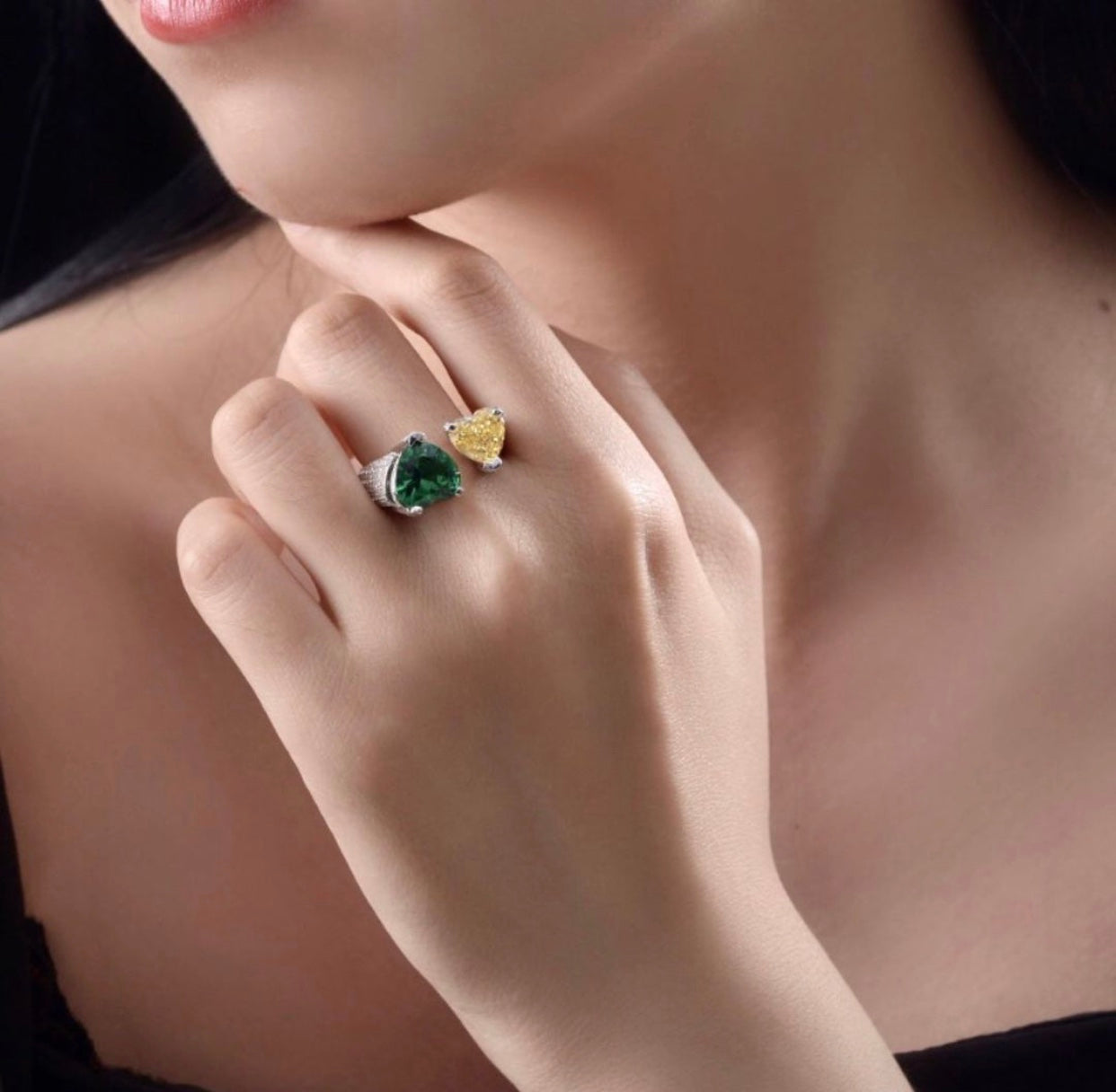 "Queenie" Ice Yellow/Green Heart Moissanite Lab Ring