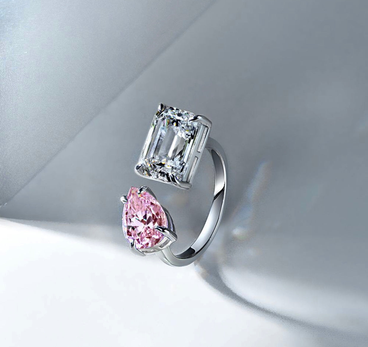 Double Stone Ring Pear/ Emerald cut Moissanite lab