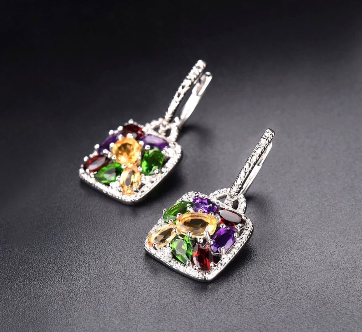 5.59ct Natural Multi color Gemstones Hoop Earrings in  white gold vermeil settings.