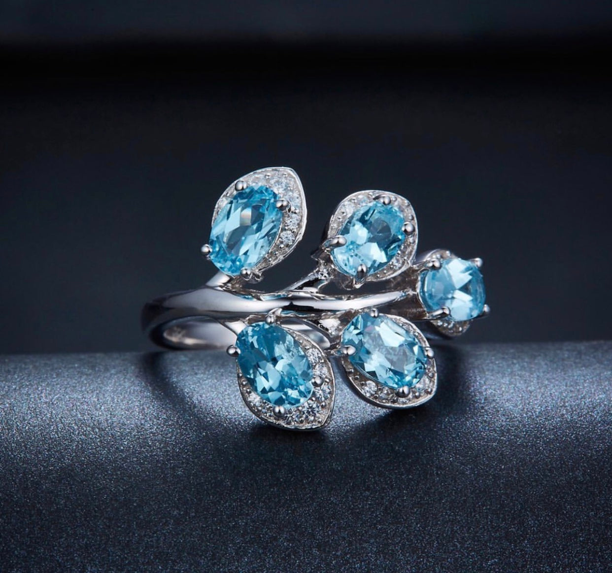 3.39ct Natural Sky Blue Topaz Leaf Ring