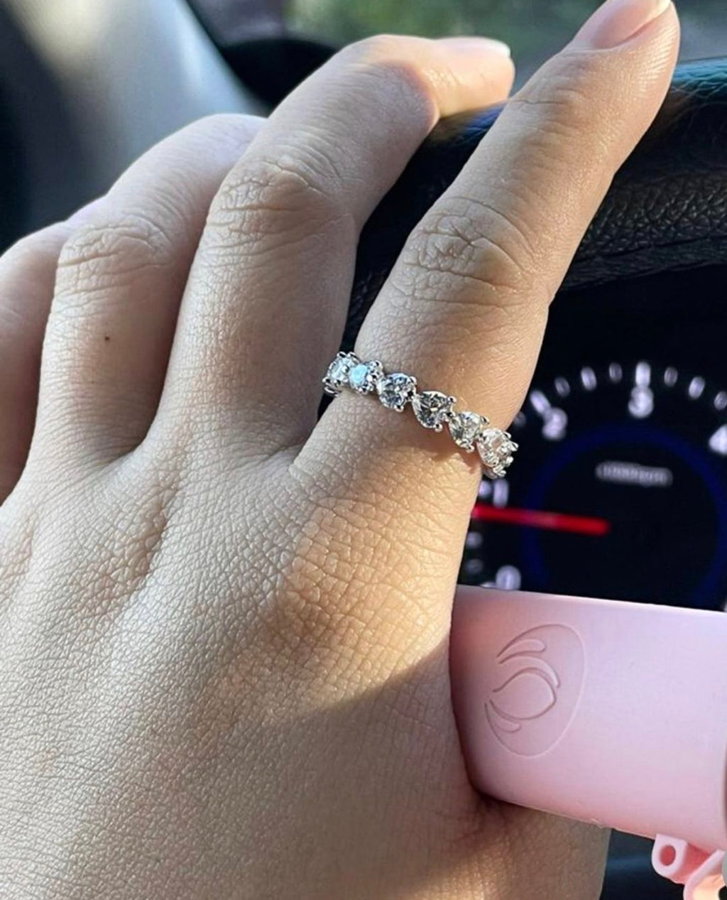 Heart Eternity Ring Moissanite Lab Grown Diamond in White Gold Vermeil