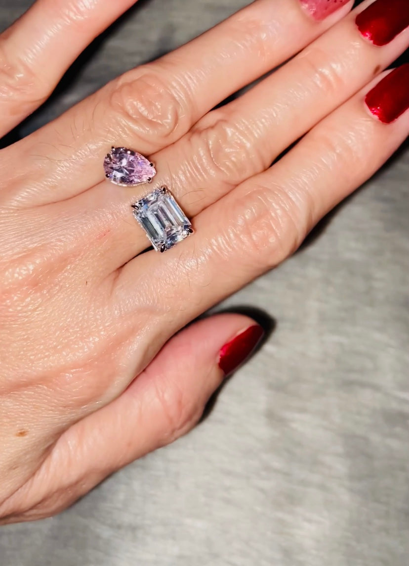 Double Stone Ring Pear/ Emerald cut Moissanite lab