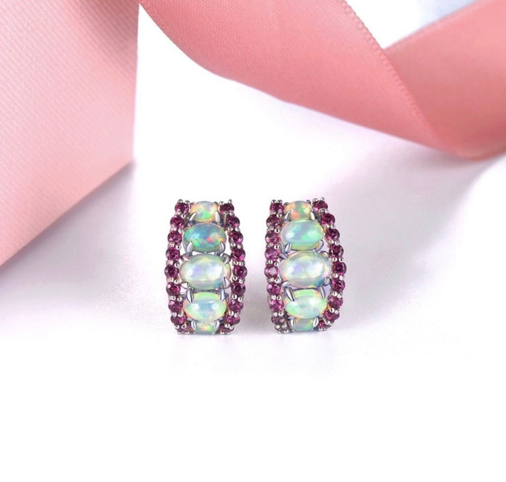 Natural Opal & Rhodolite Garnet Hoop Earrings