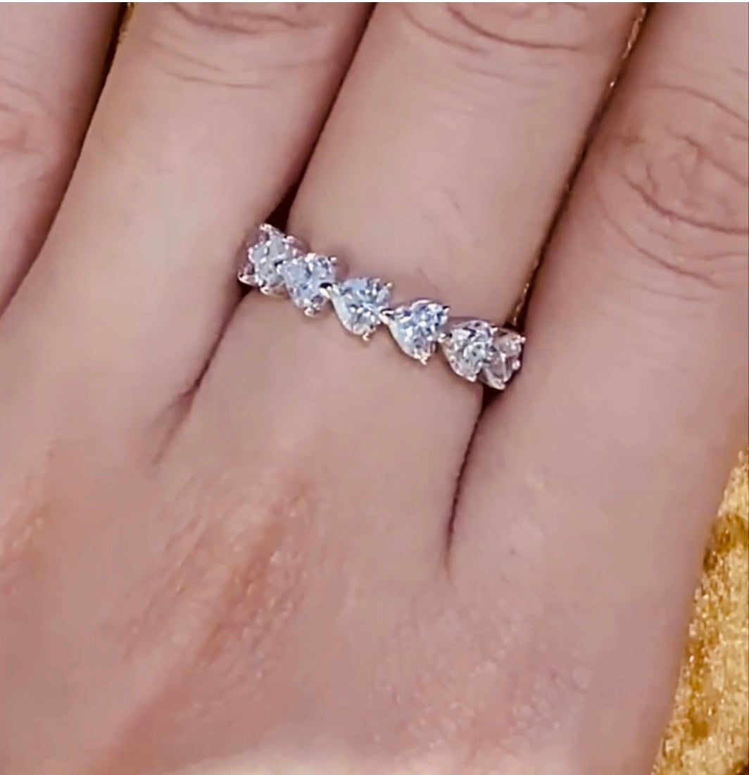Heart Eternity Ring Moissanite Lab Grown Diamond in White Gold Vermeil