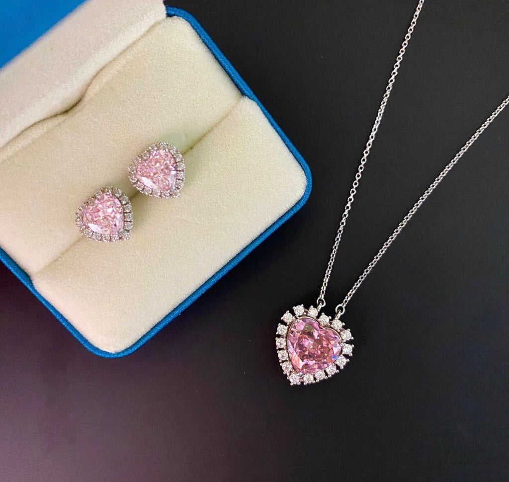 Set Romantic Pink Heart Cut Necklace and Earrings FREE Romantic cut Ring Moissanite Lab Grown Diamond