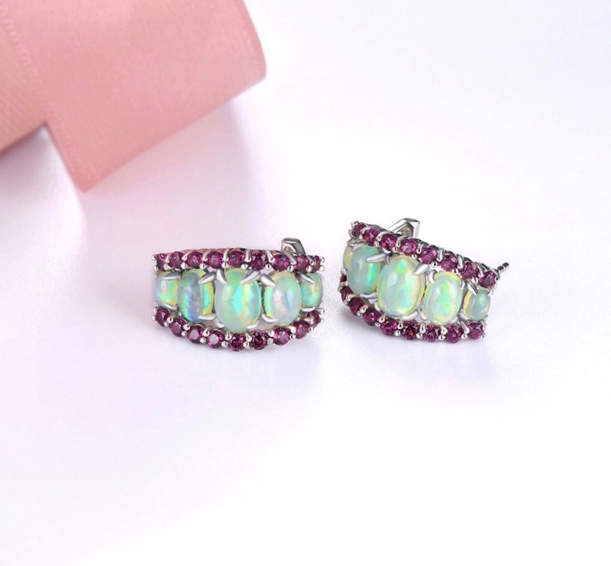 Natural Opal & Rhodolite Garnet Hoop Earrings