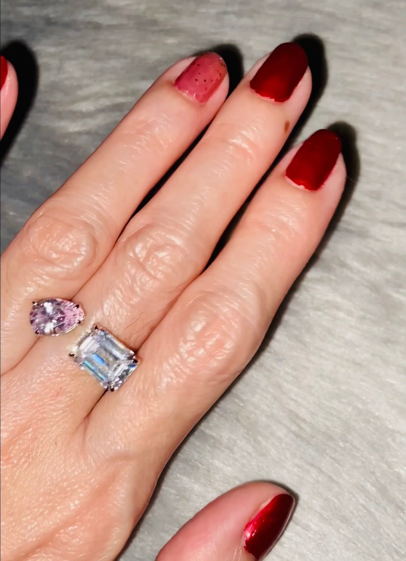 Double Stone Ring Pear/ Emerald cut Moissanite lab