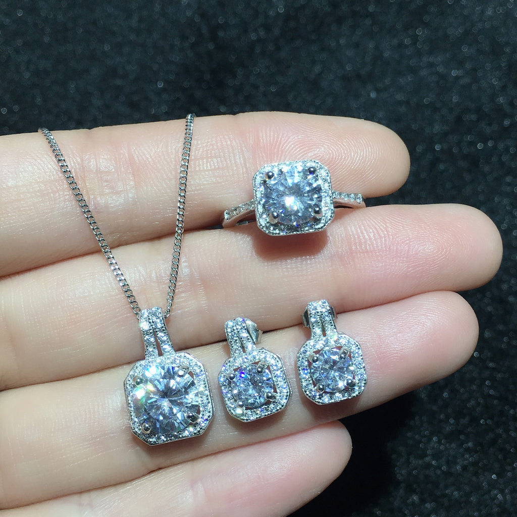 1CT Moissanite Diamond Set Necklace/ Ring /Earrings in Pure Silver Based coated 6X Platinum